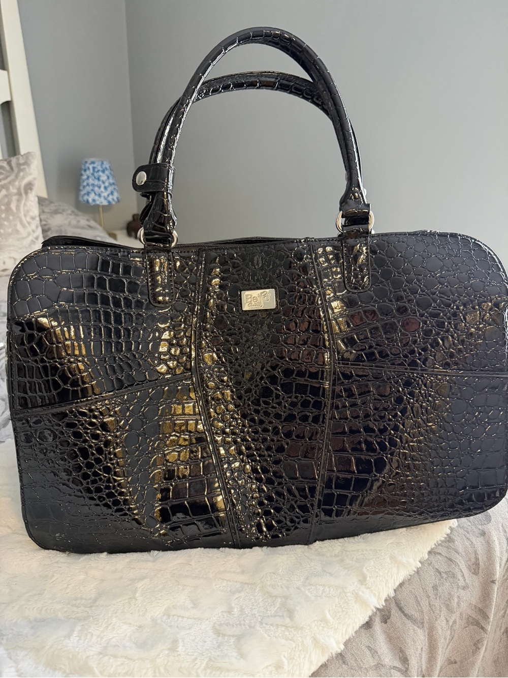 Beijo Black Croc-Embossed Satchel Handbag